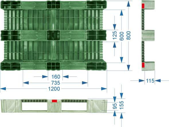 Паллет (поддон) пластиковый сплошной усиленный на 3-х полозьях, 1200x800х150 мм, синий [1200800150-00]