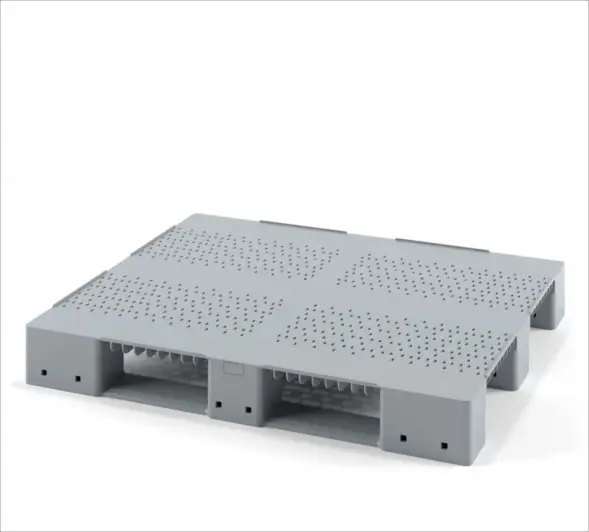 Стеллажный перфорированный пластиковый поддон усиленный двумя трубами на трёх полозьях 1200х1000