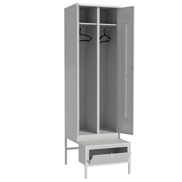 Металлический гардеробный шкаф для раздевалок на подставке с ящиком [12955]