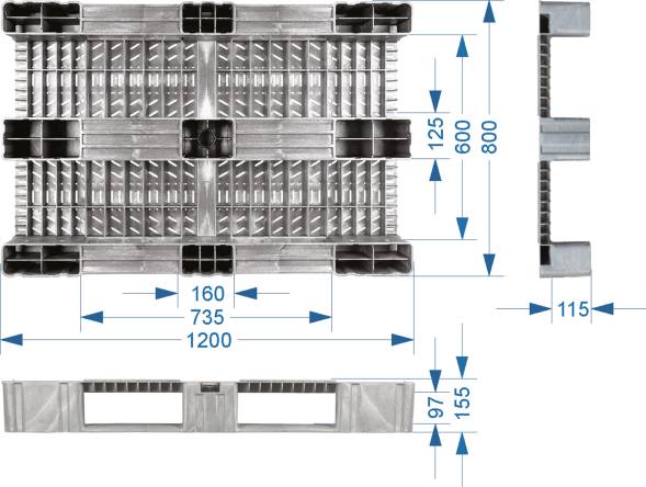 Паллет (поддон) пластиковый перфорированный на 3-х полозьях, 1200х800х150 мм, зеленый [TR 1208-2]