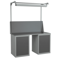 Верстак 1500 с 2 распашными тумбами, светильником и экраном с консолями [18372]