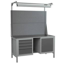 Верстак 1500 с 2 тумбами, полкой, двойным экраном и светодиодным светильником [18378]