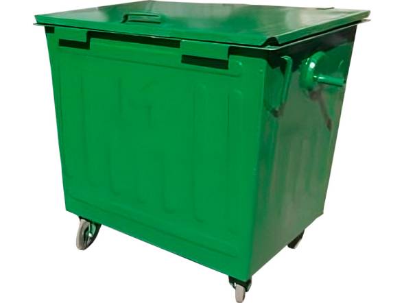 Контейнер для мусора на колёсах с крышкой металлический, 1100 л (1.1 м³), зеленый [КМ 1.1 с крышкой, на колёсах, цв. зеленый]