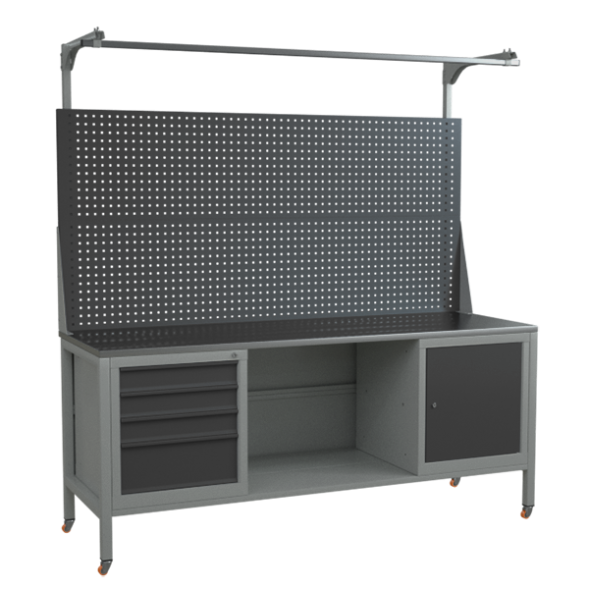 Верстак 2000 с колёсами, двойным экраном и тумбой с 4 выдвижными ящиками и тумбой с дверцей и полкой [17084]